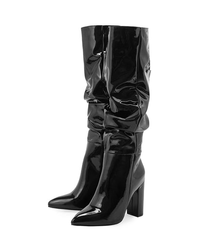 Sophie Knee High Block Leather Boots - front shot product shot, black - Miss Mosa By Akanksha