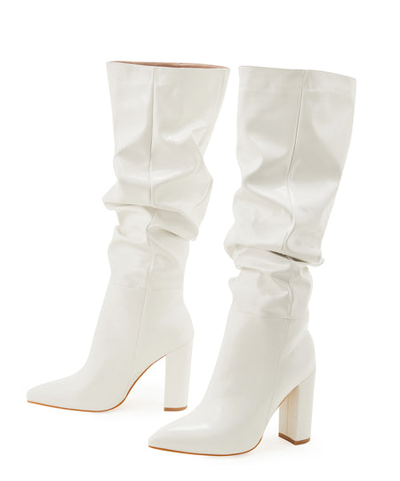 Sophie Knee High Block Leather Boots - front shot product shot, white - Miss Mosa By Akanksha