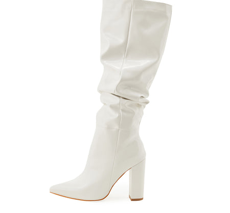 Sophie Knee High Block Leather Boots - side shot product shot, white - Miss Mosa By Akanksha