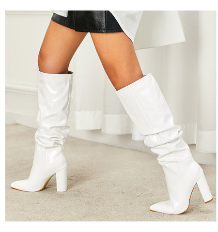 Sophie Knee High Block Leather Boots - back shot on model, white - Miss Mosa By Akanksha