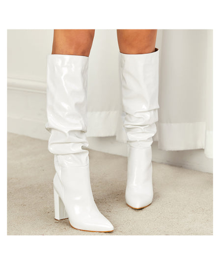 Sophie Knee High Block Leather Boots - front shot on model, white - Miss Mosa By Akanksha