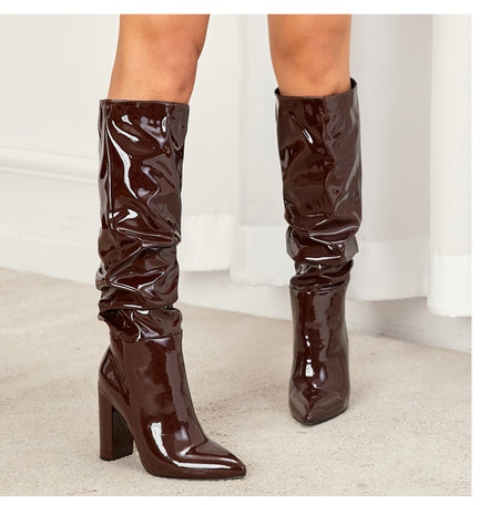 Sophie Knee High Block Leather Boots - back shot on model, dark brown - Miss Mosa By Akanksha