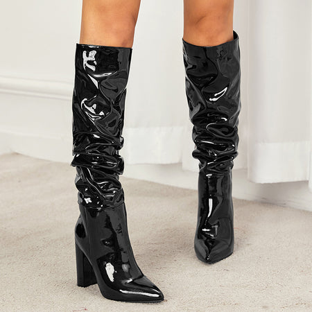 Sophie Knee High Block Leather Boots - front shot on model, black - Miss Mosa By Akanksha