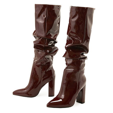 Sophie Knee High Block Leather Boots - front shot product shot, dark brown - Miss Mosa By Akanksha