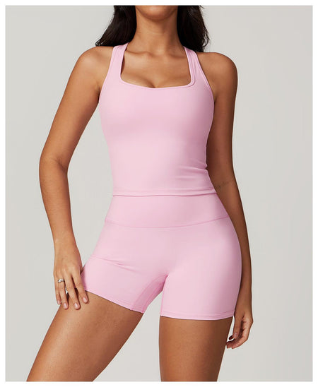 Sora Premium Activewear Set In Light Pink - front shot on model wearing tank and shorts - Miss Mosa By Akanksha