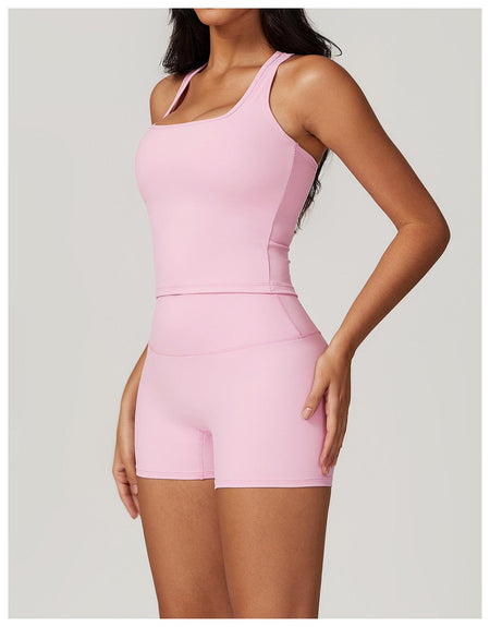 Sora Premium Activewear Set In Light Pink - side shot on model wearing tank and shorts - Miss Mosa By Akanksha