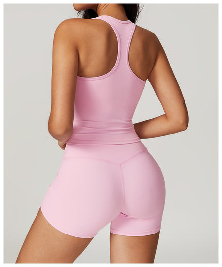 Sora Premium Activewear Set In Light Pink - back shot on model wearing tank and shorts - Miss Mosa By Akanksha