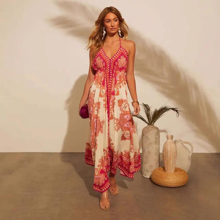 Soraya Summer Holiday Maxi Dress - full-length front shot on model, pink and cream - Miss Mosa By Akanksha