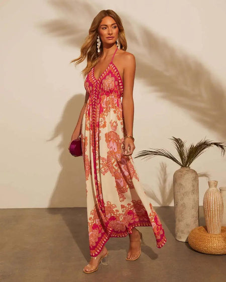 Soraya Summer Holiday Maxi Dress - full-length side shot on model, pink and cream - Miss Mosa By Akanksha