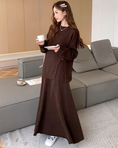 Dark Brown - Sorella Winter Coord Set - Set Of Skirt And Sweater