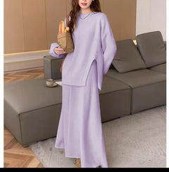 Sorella Winter Coord Set - Set Of Skirt And Sweater - full-length front shot on model, lilac - Miss Mosa By Akanksha