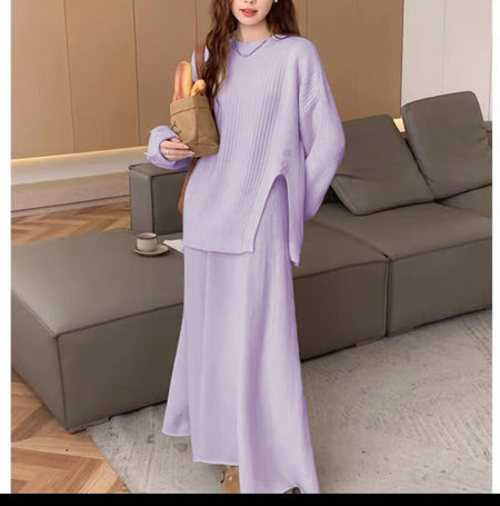 Sorella Winter Coord Set - Set Of Skirt And Sweater - full-length front shot on model, lilac - Miss Mosa By Akanksha