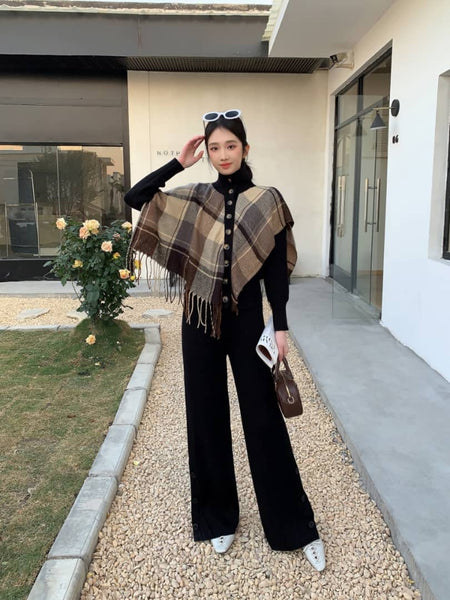 Sorrei Woolen Coord Set - full-length styling shot on model outdoors, brown and black - Miss Mosa By Akanksha