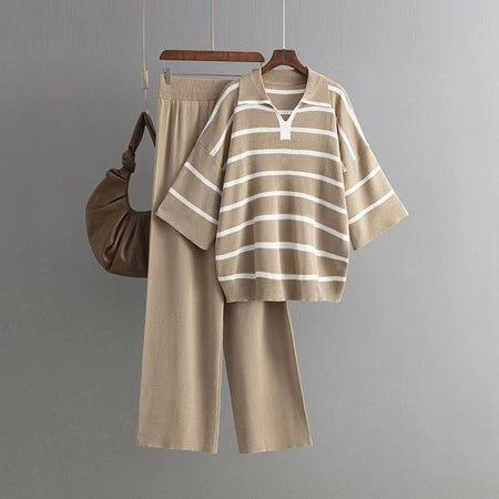 Sorrento Knitted Cotton Co-ord Set - front shot on hanger, khaki - Miss Mosa By Akanksha