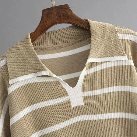 Sorrento Knitted Cotton Co-ord Set - close-up of collar, khaki - Miss Mosa By Akanksha