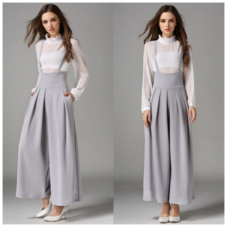 Statement Suspender Pants - Celebrity Favorite - full-length shot on model, grey - Miss Mosa By Akanksha