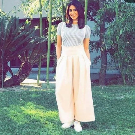 Statement Suspender Pants - Celebrity Favorite - full-length shot on model, beige - Miss Mosa By Akanksha