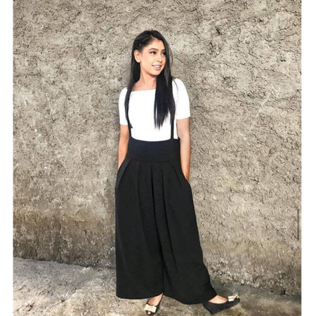 Statement Suspender Pants - Celebrity Favorite - full-length shot on model, black - Miss Mosa By Akanksha