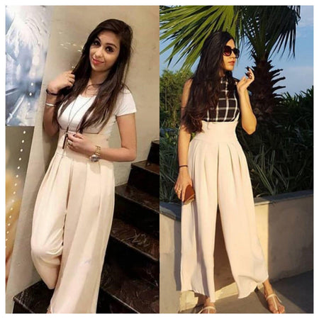 Statement Suspender Pants - Celebrity Favorite - lifestyle shot on model, beige - Miss Mosa By Akanksha