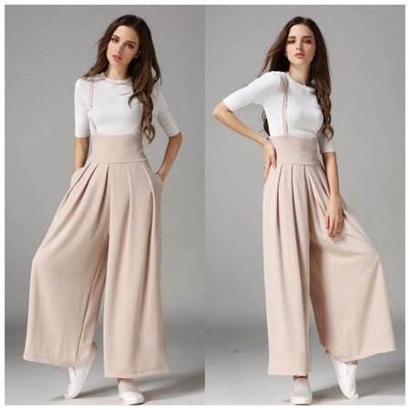 Statement Suspender Pants - Celebrity Favorite - full-length shot on model, beige - Miss Mosa By Akanksha