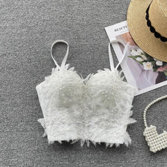 Steeve Pearl Detail Statement Top - styled flat-lay shot, white - Miss Mosa By Akanksha