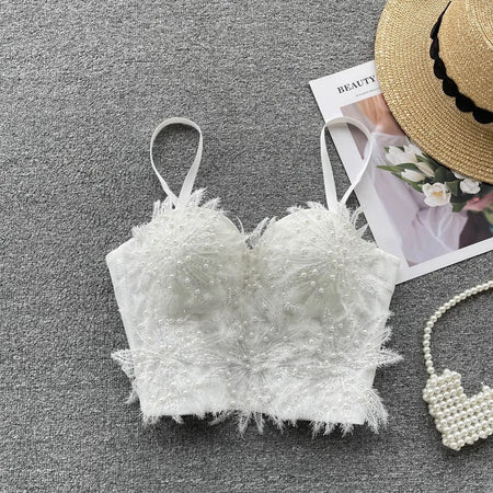 Steeve Pearl Detail Statement Top - styled flat-lay shot, white - Miss Mosa By Akanksha