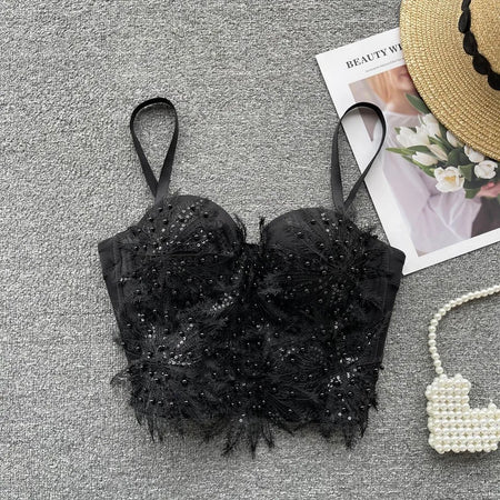 Steeve Pearl Detail Statement Top - styled flat-lay shot, black - Miss Mosa By Akanksha