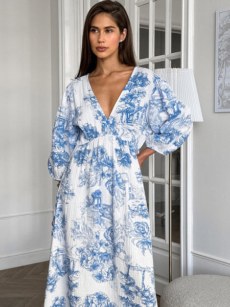 Stellan Cotton Holiday Dress In Blue - front shot on model - Miss Mosa By Akanksha