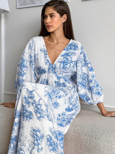 Stellan Cotton Holiday Dress In Blue - seated front shot on model - Miss Mosa By Akanksha