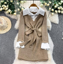 Stevia Winter Dress With Belt - flat-lay shot, camel with white shirt layer - Miss Mosa By Akanksha