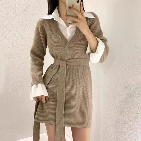 Stevia Winter Dress With Belt - front shot, camel with white shirt layer - Miss Mosa By Akanksha