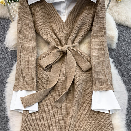 Stevia Winter Dress With Belt - fabric detail shot, camel with white shirt layer - Miss Mosa By Akanksha