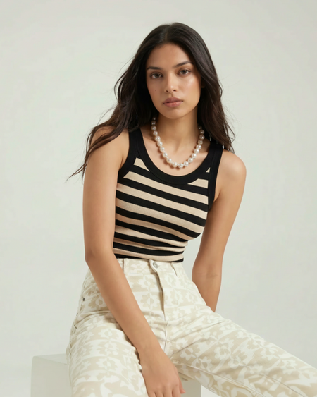 Stockholm Striped Padded Top - seated shot, black and cream striped - Miss Mosa By Akanksha