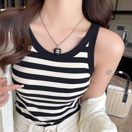 Stockholm Striped Padded Top - neckline close-up shot, black and white striped - Miss Mosa By Akanksha