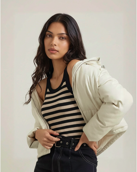 Stockholm Striped Padded Top - styled shot, black and cream striped - Miss Mosa By Akanksha