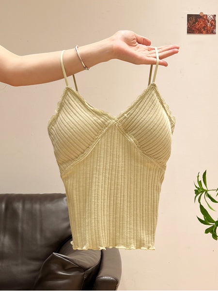 Suki Lace Padded Top - held-up shot, pale yellow-green - Miss Mosa By Akanksha