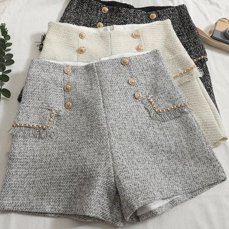 Sula Premium Tweed Shorts with Buttons - flat-lay shot of three colour shorts, grey, cream and black - Miss Mosa By Akanksha