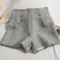 Sula Premium Tweed Shorts with Buttons - flat-lay front shot of shorts, grey - Miss Mosa By Akanksha