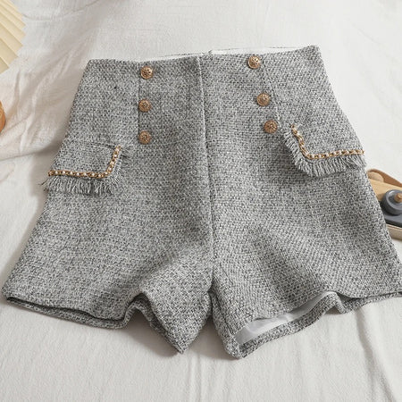 Sula Premium Tweed Shorts with Buttons - flat-lay front shot of shorts, grey - Miss Mosa By Akanksha