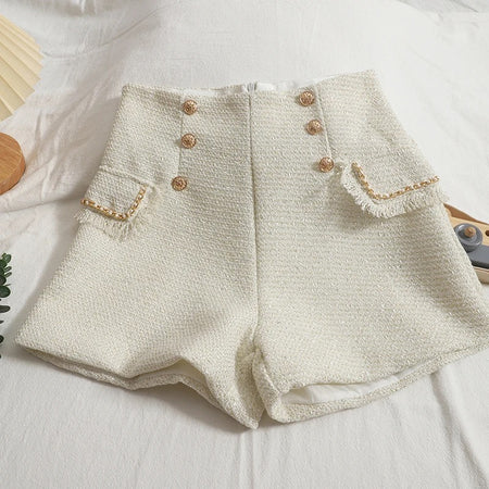 Sula Premium Tweed Shorts with Buttons - flat-lay front shot of shorts, cream - Miss Mosa By Akanksha