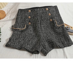 Sula Premium Tweed Shorts with Buttons - flat-lay front shot of shorts, black and white - Miss Mosa By Akanksha