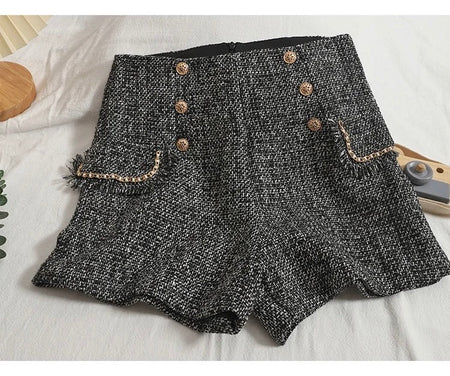 Sula Premium Tweed Shorts with Buttons - flat-lay front shot of shorts, black and white - Miss Mosa By Akanksha