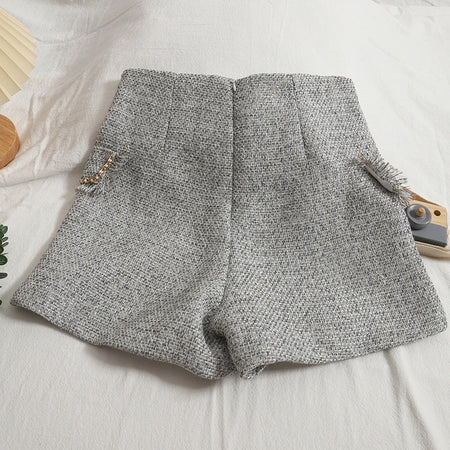 Sula Premium Tweed Shorts with Buttons - flat-lay back shot of shorts, grey - Miss Mosa By Akanksha