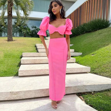 Summer Bubble Two Piece Set in Pink - full-length shot on model, pink - Miss Mosa By Akanksha