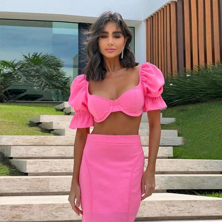 Summer Bubble Two Piece Set in Pink - front shot on model, pink - Miss Mosa By Akanksha