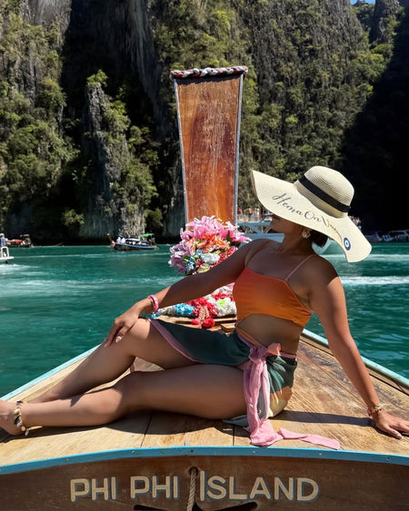 Sunset Swimsuit With Sarong In Orange - lifestyle shot on model, orange - Miss Mosa By Akanksha