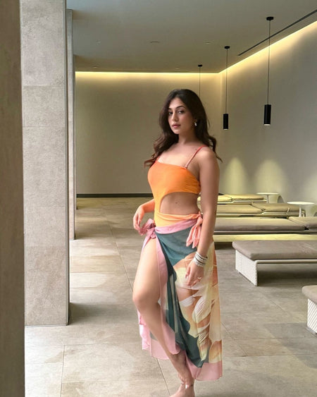 Sunset Swimsuit With Sarong In Orange - front shot on model, orange - Miss Mosa By Akanksha