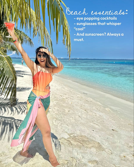 Sunset Swimsuit With Sarong In Orange - lifestyle shot on model, orange - Miss Mosa By Akanksha