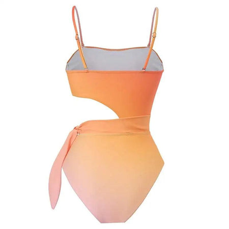 Sunset Swimsuit With Sarong In Orange - back shot on mannequin, orange - Miss Mosa By Akanksha