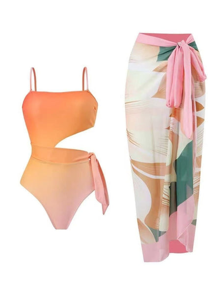 Sunset Swimsuit With Sarong In Orange - styled flat-lay shot, orange - Miss Mosa By Akanksha